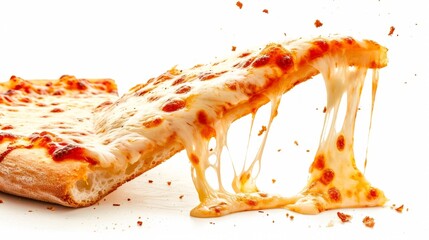 Wall Mural - A slice of tasty pizza is flying out on a white background.