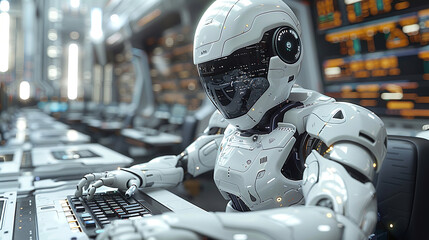 An advanced robot uses a computer in a busy office environment