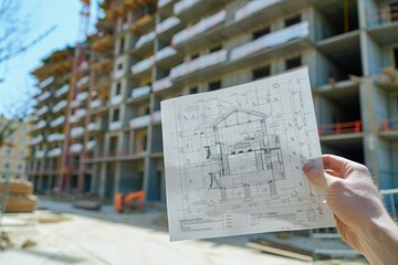 Construction plan in forefront with a multi-story building construction site behind.