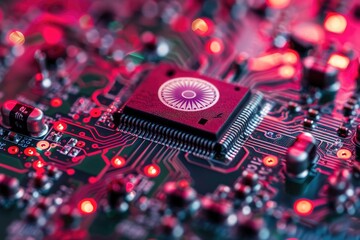 Fototapete - Closeup of a microchip on a detailed electronic motherboard with lights