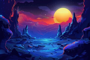 Wall Mural - Glowing alien landscape with vibrant colors and a large moon