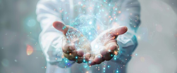 Wall Mural - businessman holding futuristic glowing globe hologram with network connection lines