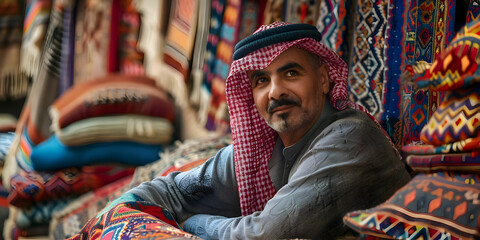 Man in Traditional Keffiyeh Looking at Colorful Rugs - Photo