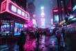 © Milos - A vibrant city street scene featuring glowing neon signs, people with umbrellas walking in the rain, and colorful reflections on the wet pavement at night.