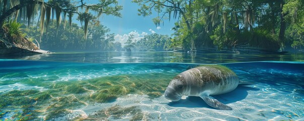 Wall Mural - Gentle manatee gliding through crystal-clear waters, 4K hyperrealistic photo