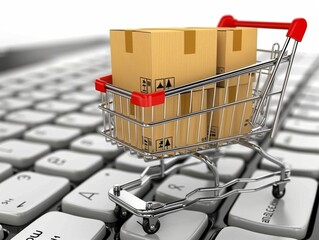 Shopping cart full of cardboard boxes standing on laptop keyboard