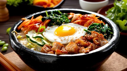 Wall Mural - Bibimbap, colorful mixed rice dish with vegetables