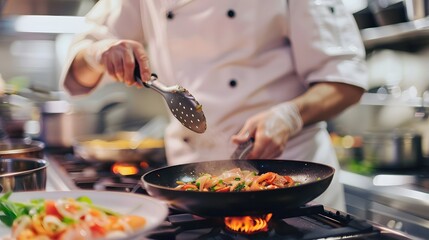 Wall Mural - Chef Cooking Delicious Meal in a Restaurant Kitchen