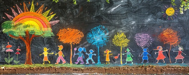 A whimsical chalk drawing of a group of children playing in a park.