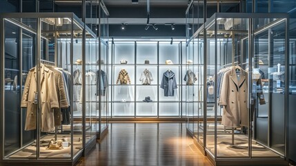 Wall Mural - Modern Retail Interior Showcase of Clothes in Glass Cabinets