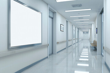 Modern Hospital Corridor With Illuminated Display Board: Perfect For Healthcare Marketing Or Facility Design