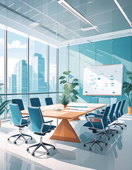 Sunlit modern conference room with city view through large windows