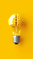 Wall Mural - Yellow brain light bulb on yellow background, creative idea concept