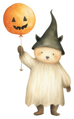 Canvas Print - PNG Bear holding halloween pumpkin balloon cartoon white background anthropomorphic.