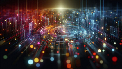 Aufkleber - Abstract background from colored technological neon lines glowing in dark room