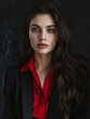 © Cfr - Portrait of a Woman With Dark Hair and Blue Eyes Wearing a Red Shirt and Black Blazer