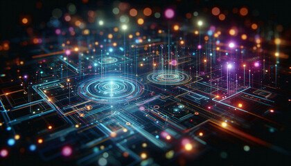 Aufkleber - Abstract background from colored technological neon lines glowing in dark room