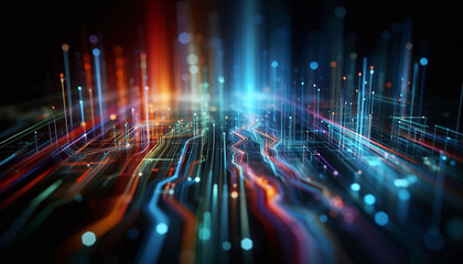 Aufkleber - Abstract background from colored technological neon lines glowing in dark room