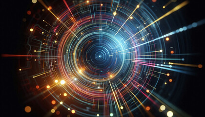 Aufkleber - Abstract background from colored technological neon lines glowing in dark room