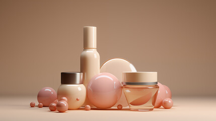 a collection of makeup products including powder, cream, and a brush arranged on a white background 