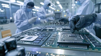 Wall Mural - a cleanroom environment where technicians are assembling intricate microchips and processors for hig