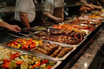 A bustling catering event, with chefs preparing exquisite dishes in an open kitchen. Catering buffet food indoor in restaurant