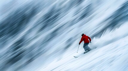 Speeding Skier Descending Snowy Mountain Slope with Blurred Background