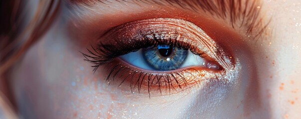 Wall Mural - Close-up of a female model with blue eyes wearing professional golden eyeshadow makeup