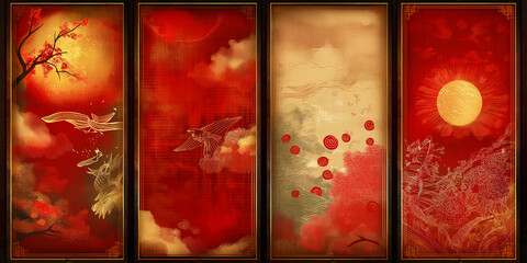 Red and gold chinese style background featuring birds, sun, and floral motifs