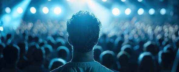 Wall Mural - A man in the foreground facing away from the camera, a crowd of people surrounding him, with light blue and white lighting in a night time concert atmosphere.