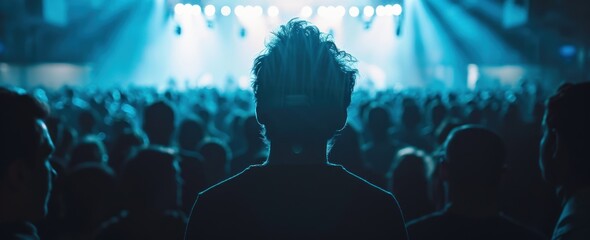 Wall Mural - A man in the foreground facing away from the camera, a crowd of people surrounding him, with light blue and white lighting in a night time concert atmosphere.