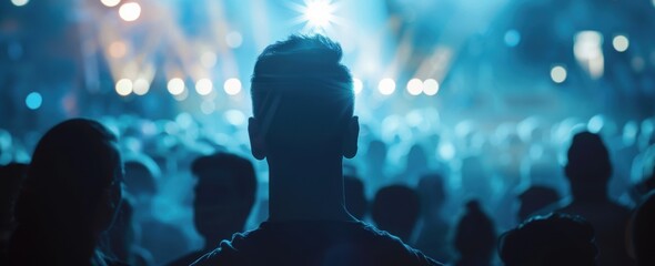 Wall Mural - A man in the foreground facing away from the camera, a crowd of people surrounding him, with light blue and white lighting in a night time concert atmosphere.