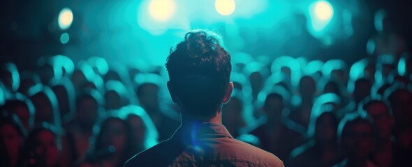 Wall Mural - A man in the foreground facing away from the camera, a crowd of people surrounding him, with light blue and white lighting in a night time concert atmosphere.