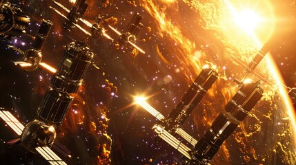 Wall Mural - a cluster of futuristic space stations orbiting a gas giant, their solar panels gleaming in the sunl