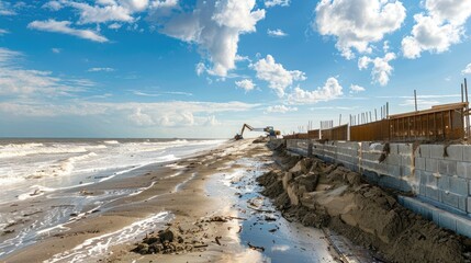 Wall Mural - a coastal seawall under construction, designed to protect against erosion and storm surges.