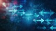 © ТаtyanaGG - Abstract arrows moving in various directions, shown on a blurred, blue-toned background. Concept of decision-making and directions