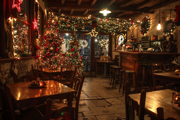 A cozy, rustic cafe interior decorated for Christmas with wooden tables and chairs, surrounded by vintage decorations like wreaths, stars, and garlands. 