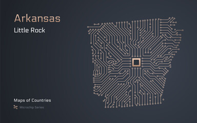 Wall Mural - Arkansas Map with a capital of Little Rock Shown in a Microchip Pattern. E-government. United States vector maps. Microchip Series