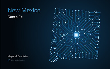 Wall Mural - New Mexico Map with a capital of Santa Fe Shown in a Microchip Pattern. E-government. United States vector maps. Microchip Series	