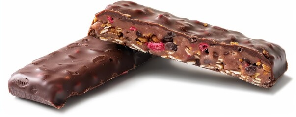 a protein bar cut in half, showing texture, macro illustration, rich colors, isolated on white background