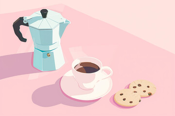 Wall Mural - A moka pot and a cup of coffee on a pink background