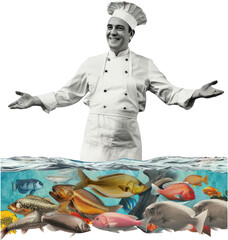 Sticker - Collage of happy chef fish portrait photo.