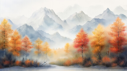 Wall Mural - A painting of a mountain range with trees in the foreground