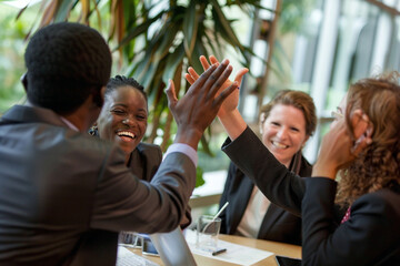 Diverse Business Team Celebrating Success With High-Five: Perfect For Teamwork And Collaboration Campaigns