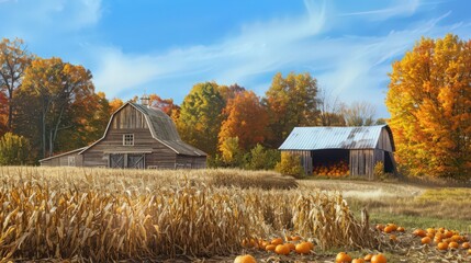 A beautiful autumn harvest scene with a rustic barn surrounded by fields of golden corn and pumpkins, framed by colorful fall trees and a clear blue sky