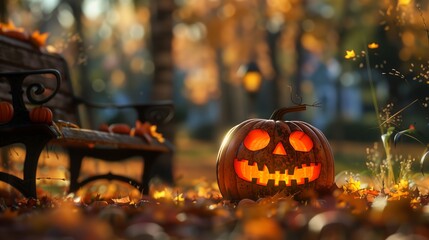 Halloween pumpkin in the park. Spooky halloween pumpkin on fall leaves in a park at twilight, creating a festive and eerie atmosphere. Perfect for autumn