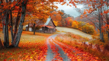 Wall Mural - A charming autumn scene with a path through a field covered in colorful fallen leaves, leading to a cozy farmhouse and surrounded by trees in full fall splendor.