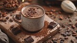 Indulgent cup of hot chocolate with cocoa powder, cocoa beans, and chocolate pieces, perfect for a cozy break