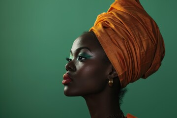 Wall Mural - Woman in a vibrant orange headwrap with glowing makeup, exuding confidence and elegance.