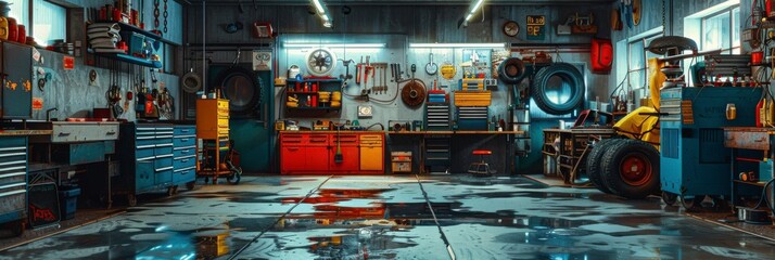car repair shop with mechanic and customer banner